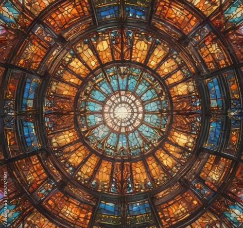 Delicate stained glass window filters sunlight into kaleidoscope of colors, church interior, light, colors
