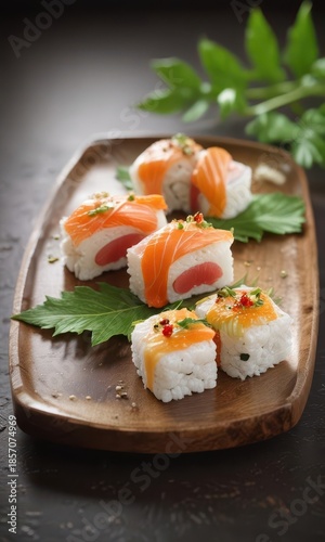 Delicate sushi pieces with green leaf garnish and savory sauce, sushi,  fresh ingredients,  seafood