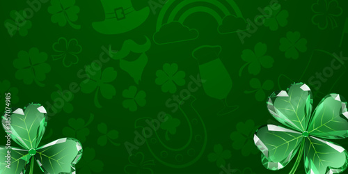 St Patricks day illustration in flat style with green clover and festive elements on a dark green background.