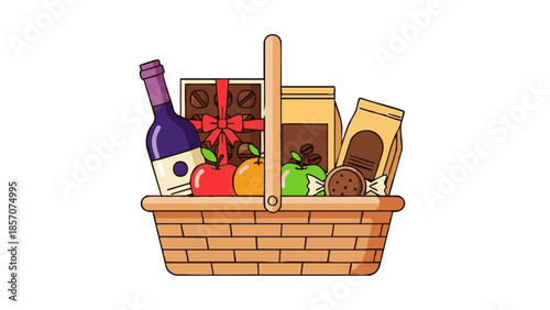 Gift basket filled with treats and wine for Purim celebration  