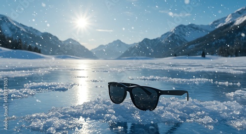 Black Sunglasses on Snowy Lake with Mountain Background mountains winter