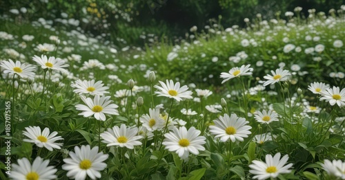 Delicate white flowers in a lush green border with empty centers and a fresh, serene atmosphere,  watercolor,  floral arrangement,  garden