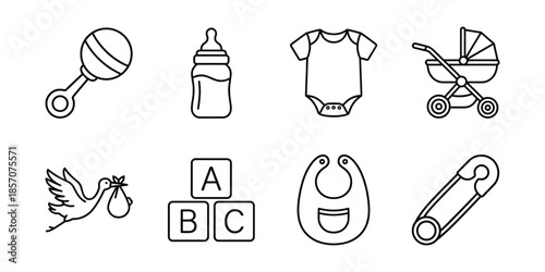 Baby care line icon set, newborn essentials and childcare
