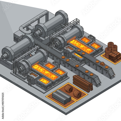 Isometric view of a metal processing factory with furnaces, conveyor belts, and material handling.