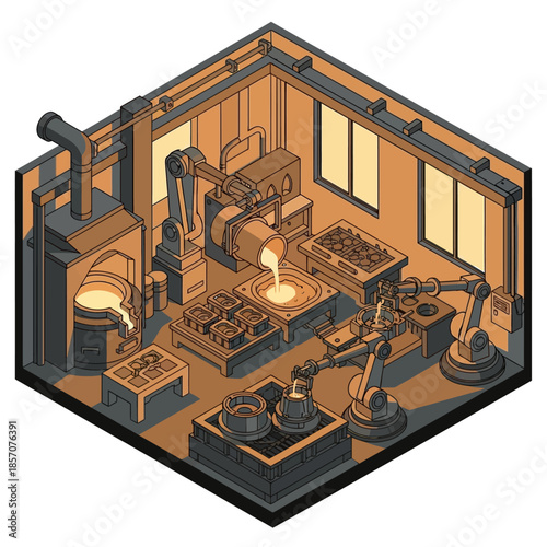 Isometric illustration of an automated industrial foundry with robotic arms pouring molten metal into molds.