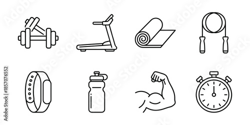 Fitness workout line icon set, gym training and exercise