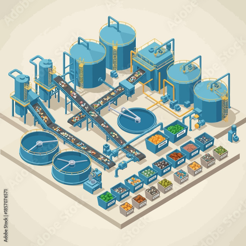 Industrial food processing plant with tanks and conveyor belts.