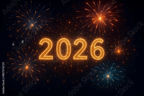 Bright fireworks illuminate the year 2026 with a festive glow, marking the start of a new year celebration