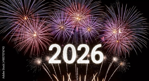 Spectacular pyrotechnic display illuminating the night sky, symbolizing the joyful arrival of the year 2026 and marking a vibrant new beginning filled with anticipation and celebratory energy