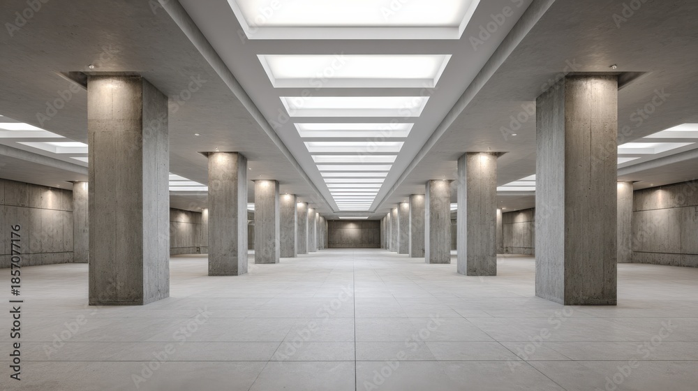 Fototapeta premium Abstract Interior Space with Concrete Columns and Overhead Lighting, Ideal for Architectural Visualization and Design