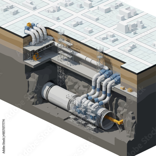 Isometric cross-section of an underground tunnel boring machine operation beneath a city, showing excavation and support systems.