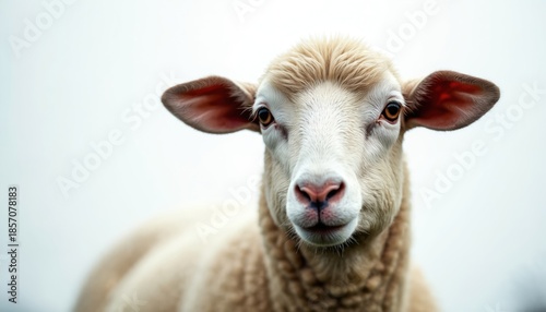 Close-up of fluffy sheep face. Wool texture detailed, gentle pink nose, brown eyes looking forward. Farm animal portrait, purebred lamb head, peaceful gaze.