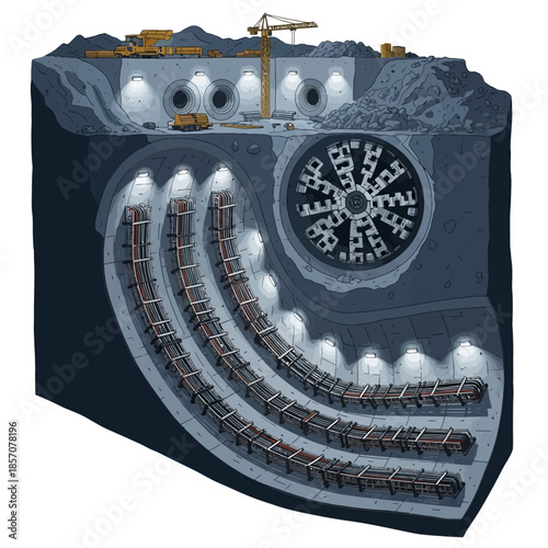 Detailed cross-section illustration of an underground tunnel boring machine (TBM) construction site with multiple tunnels and surface operations.