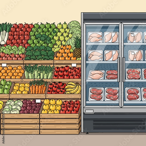Illustration of a grocery store display with fresh produce on shelves and raw meat in a refrigerator, against a pale background.