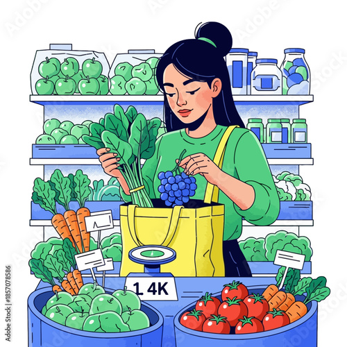Illustration of a woman shopping for fresh produce at a market with a colorful array of fruits and vegetables on display.