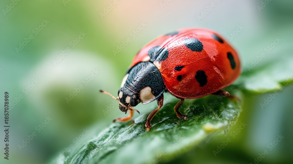 Fototapeta premium Macro Shot of a Red Ladybug with Black Spots Resting on a Green Leaf in Nature