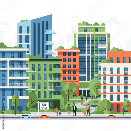 Modern Cityscape with Green Buildings Real Estate  People.