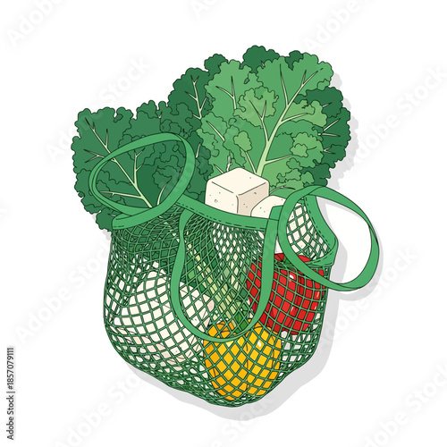 Illustration of a green mesh produce bag filled with vegetables and a block of cheese against a clean white background.