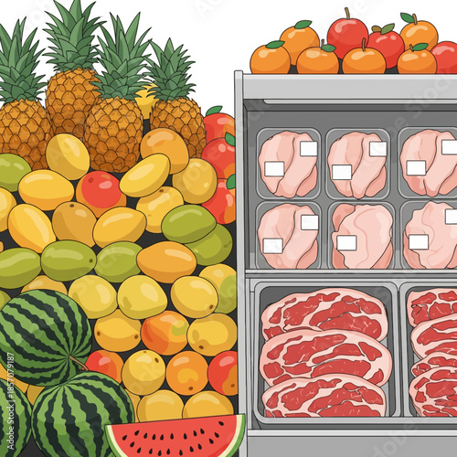Flat lay of assorted fresh fruits and raw meats in a refrigerated display case against a clean white background with vibrant colors.