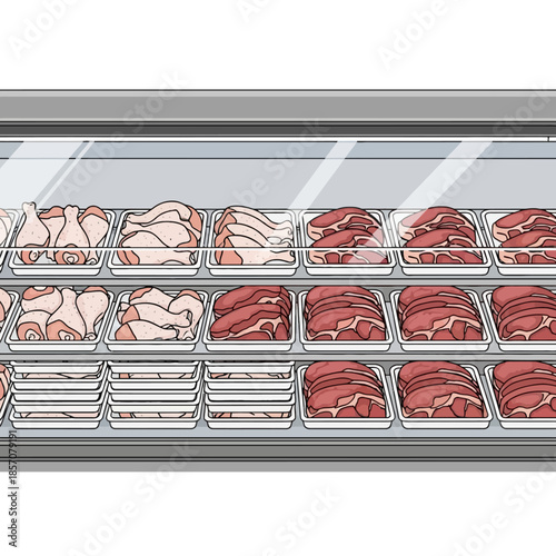 A refrigerated display case stocked with various cuts of raw meat, arranged in rows of metal trays with a clean and organized composition.