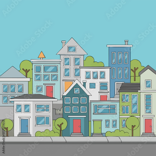 Colorful cityscape with houses and trees.