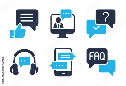 Online Consultation and Help Center icon set. Solid glyph series icons