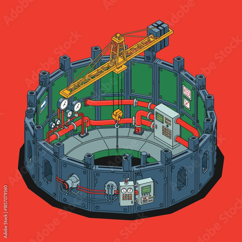 Isometric illustration of a circular industrial facility with a gantry crane, pipes, and control panels on a red background.