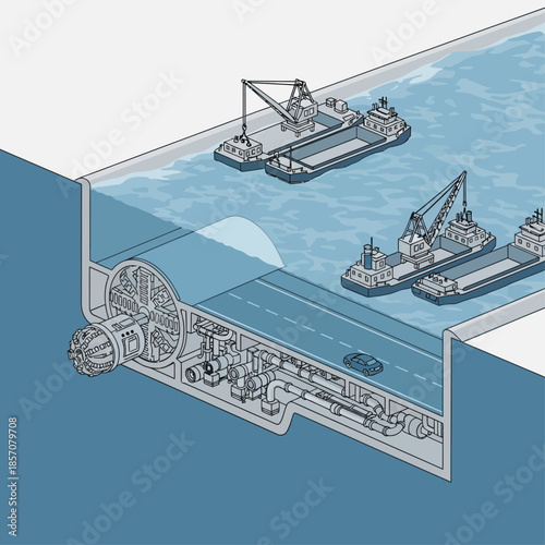 Cross-section illustration of a submerged tunnel construction with barges and cranes on the water surface.