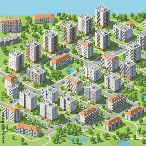 Isometric Cityscape Modern Apartment Buildings in Green Neighborhood.
