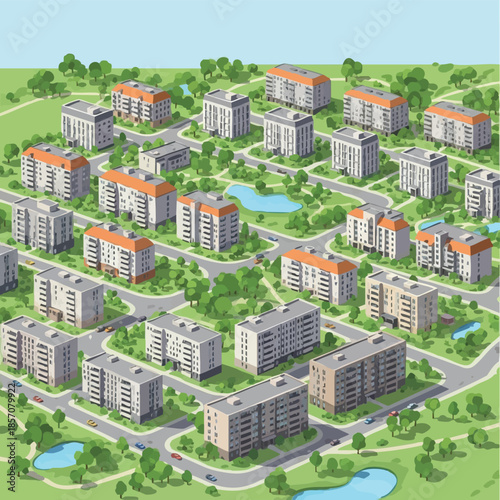 Suburban Residential Area with Apartment Buildings and Green Spaces.
