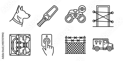 Security screening line icon set, inspection and access control