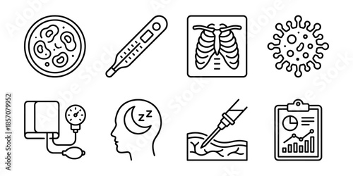 Medical testing line icon set, symptoms and clinical examination