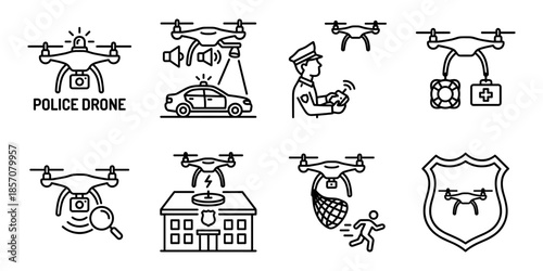 Police drone line icon set, law enforcement and surveillance