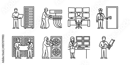 Data center line icon set, server racks and technicians