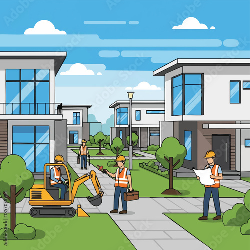 Construction site workers modern houses excavator.