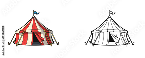 Colored and black and white circus tent illustrations in red and beige colors used for carnival events and amusement park designs isolated on white background with blue flag