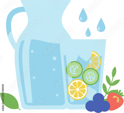 A refreshing pitcher and glass of infused water with lemon and cucumber slices.