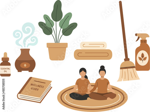 Holistic wellness and mindfulness set with two women meditating.