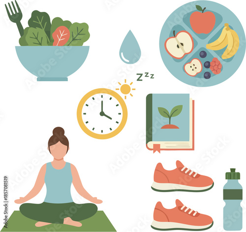 Set of healthy lifestyle icons for wellness and self care.