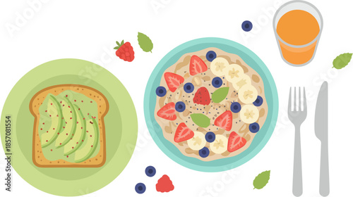 Healthy breakfast meal with oatmeal porridge avocado toast and orange juice.