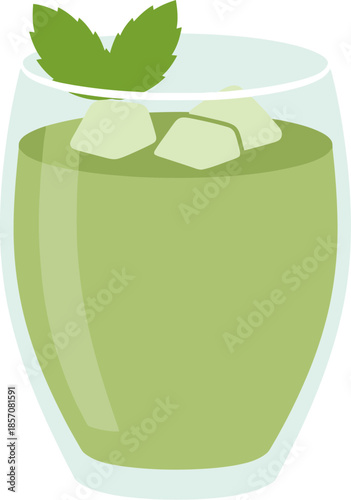 Refreshing green iced beverage with a mint leaf garnish.