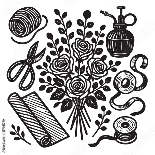 Hand Drawn Floral Sewing Still Life Illustration