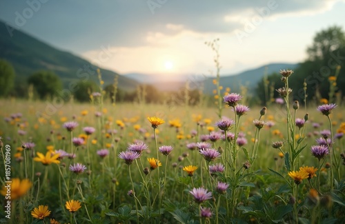 Field of purple and yellow wildflowers bloom under a soft cloudy sky. Gentle sun rays shine over rolling green hills and trees in distance. Peaceful rural landscape.