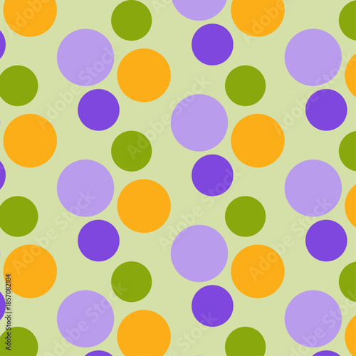 Seamless vector design featuring an abstract colorful background of orange, green, purple, and yellow polka dot circles in a retro wallpaper pattern