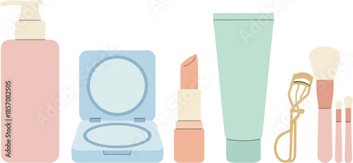 Illustrated set of various makeup and skincare products in pastel colors.