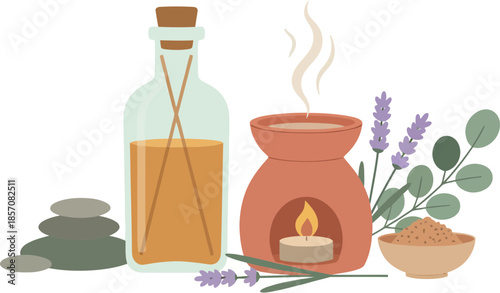 Aromatherapy wellness set with essential oil diffuser lavender and spa stones.