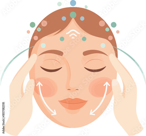 Vector illustration of a woman receiving a relaxing facial massage with acupressure points.