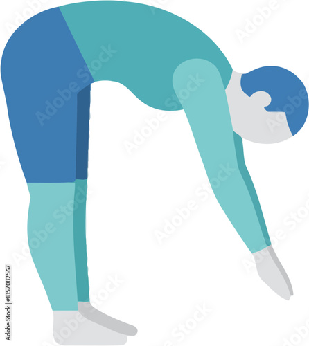 Man in blue sportswear doing a forward bend stretch for flexibility.