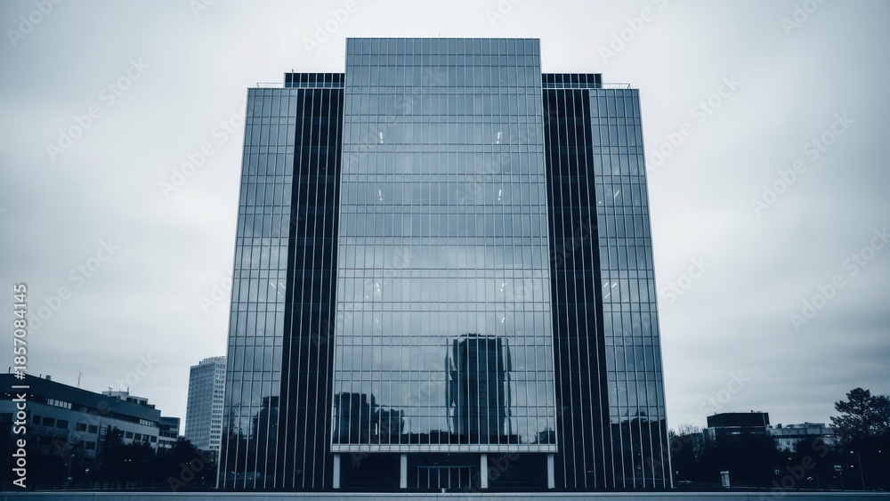 Obraz premium A tall, modern building with a glass facade reflects the cloudy sky