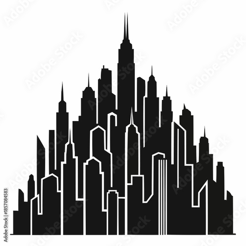 Cityscape silhouette featuring skyscrapers and buildings against a white background.